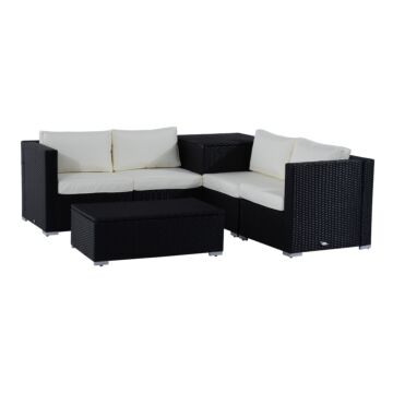 Outsunny 4-seater Rattan Garden Corner Sofa Set Wicker 4 Seater Garden Weave Furniture W/ Cushion Black