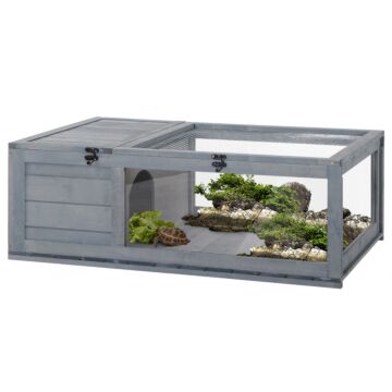 Pawhut Tortoise House With Mesh Roof, Small Pet Reptile Wooden House, Tortoise Enclosure With Pulled-out Side Panel For Indoor, Outdoor, Grey