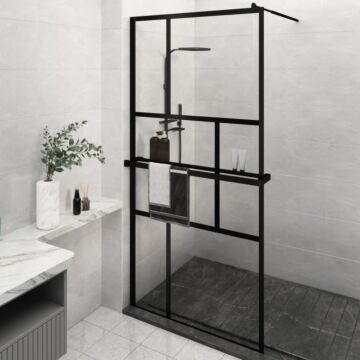 Vidaxl Walk-in Shower Wall With Shelf Black 115x195 Cm Esg Glass&aluminium