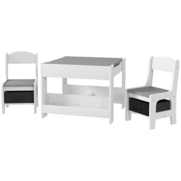 Homcom 3pcs Kids Table And Chair Set With Blackboard, Storage, Bookshelves, Grey