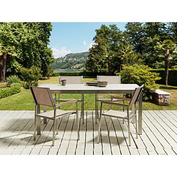 Garden Dining Set White Tabletop Glass Stainless Steel Frame Beige Set Of 4 Chairs Textilene Modern Outdoor Style Beliani