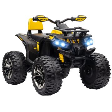 Homcom 12v Quad Bike Atv With Led Lights, Music, Backrest, Forward, Backward, Yellow