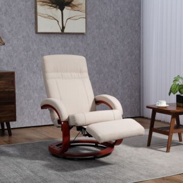 Homcom Swivel Recliner Chair With Extended Footrest, Manual Reclining Armchair With Wood Base, Beige