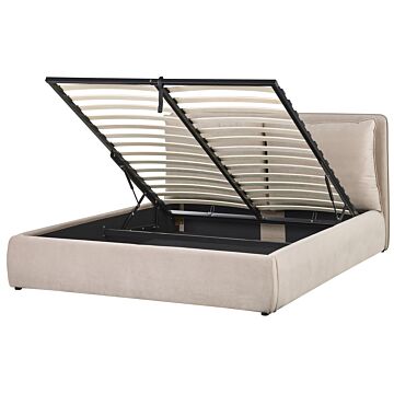 Eu King Size Ottoman Bed Beige Velvet 5ft3 Upholstered Frame Cushion Back Storage Cosy Bedroom Modern Beliani