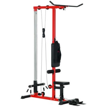 Sportnow Pull Up Station With Adjustable Seat, Power Tower For Chin Up And Lat Pulldown Exercises, Multi-function Fitness Equipment With Flip-up Footplate, For Home Gym, Red