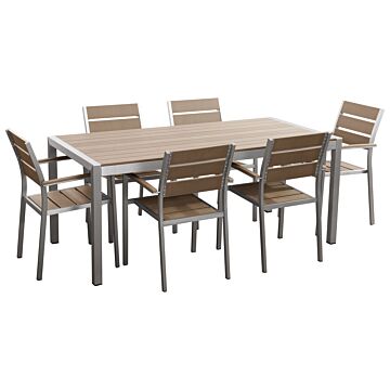 Garden Dining Set Light Wood And Silver Rectangular Table Chairs Outdoor 6 Seater Plastic Wood Top Aluminium Frame Beliani