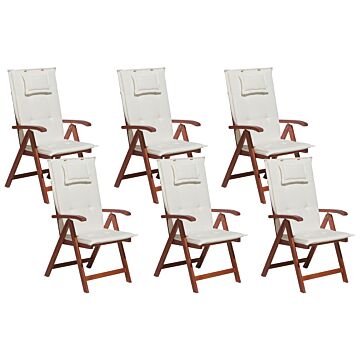 Set Of 6 Garden Chairs Acacia Wood Off-white Cushion Adjustable Foldable Outdoor Country Rustic Style Beliani