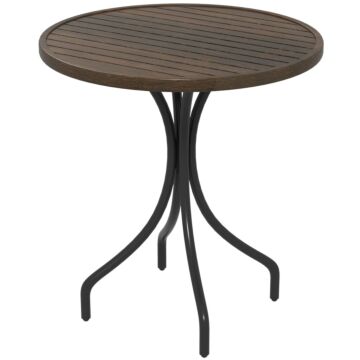 Outsunny Φ66cm Garden Side Table, Round Bistro Coffee Table, Outdoor Patio Table With Steel Frame And Slat Tabletop For Balcony And Porch, Brown Wood Grain