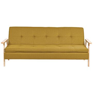 Sofa Bed Yellow Fabric Upholstered 3 Seater Click Clack Bed Wooden Frame And Armrests Beliani