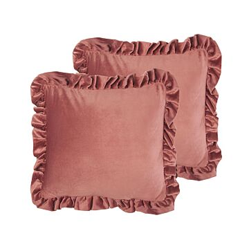 Set Of 2 Scatter Cushions Pink Velvet 42 X 42 Cm With Ruffles Chair Cushion Glam Retro Beliani