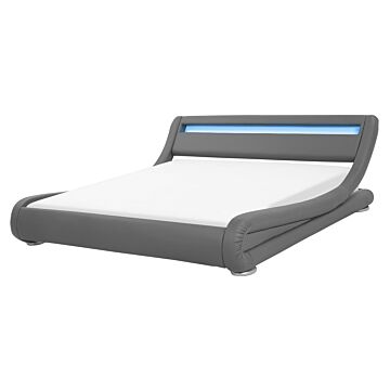 Platform Bed Frame Grey Faux Leather Upholstered Led Illuminated Headboard 5ft3 Eu King Size Sleigh Design Beliani