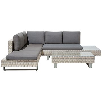 Corner Sofa Garden Set Grey Cushions Beige Faux Rattan 5 Seater With Coffee Table Beliani