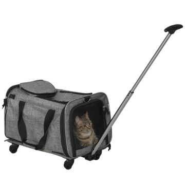 Pawhut 4 In 1 Pet Carrier Portable Cat Carrier Foldable Dog Bag On Wheels For Cats, Miniature Dogs W/ Telescopic Handle, Grey
