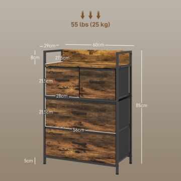 Homcom Bedroom Chest Of Drawers, 4 Drawer Dresser Storage Organiser Unit With Foldable Drawers, Open Shelf And Steel Frame, Rustic Brown
