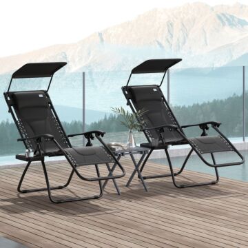 Outsunny Zero Gravity Lounger Chair Set Of 2, Folding Reclining Patio Chair With Shade Cover, Cup Holder, Soft Cushion And Headrest For Poolside, Camping, Black