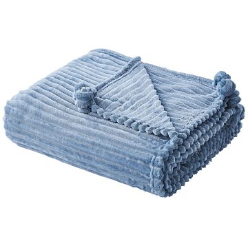 Blanket Blue Polyester 150 X 200 Cm Ribbed Structure With Pom-poms Throw Bedding Beliani