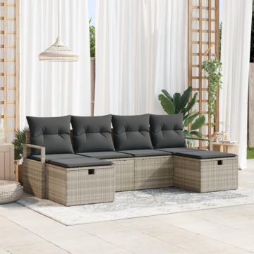 Vidaxl 6 Piece Garden Sofa Set With Cushions Light Grey Poly Rattan, Vidaxl 2-seater Garden Sofa With Cushions Grey Poly Rattan