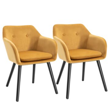 Homcom Dining Chairs Set Of 2 Modern Upholstered Fabric Velvet-touch Leisure Chairs With Backrest And Armrests, Lounge Reception Chairs Yellow