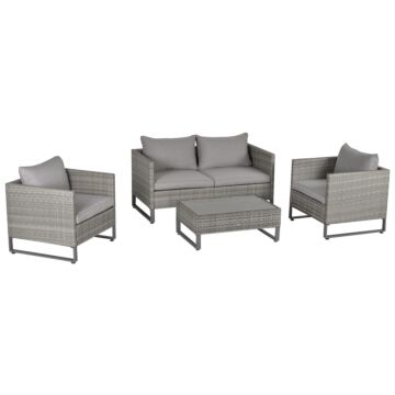 Outsunny 4-seater Pe Rattan Garden Furniture Wicker Dining Set W/ Glass Top Table, Cushions, Light Grey