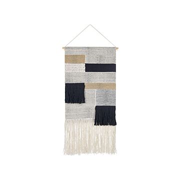 Wall Hanging Beige And Black Cotton 46 X 114 Cm Handwoven With Tassels Geometric Pattern Wall Décor Boho Style Living Room Bedroom Beliani