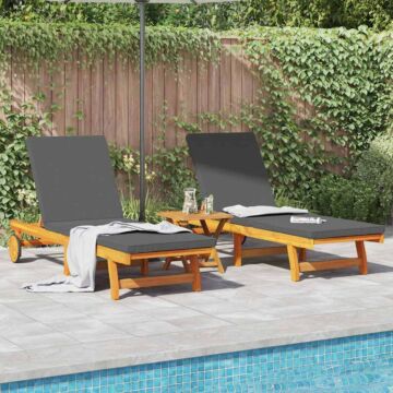 Vidaxl Sun Loungers 2-pack With Wheels And Cushions In Solid Acacia Wood