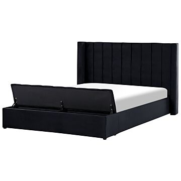 Eu Super King Size Panel Bed Black Velvet 6ft Slatted Base High Headrest With Storage Bench Beliani