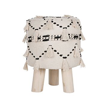 Footstool Beige With Black Decorative Cotton Knit Wooden Legs Decorative Tassels Boho Design Beliani