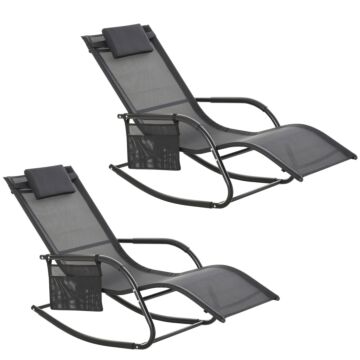 Outsunny 2pcs Garden Rocking Chair, Patio Sun Lounger Rocker Chair W/ Breathable Mesh Fabric, Removable Headrest Pillow, Side Storage Bag, Black