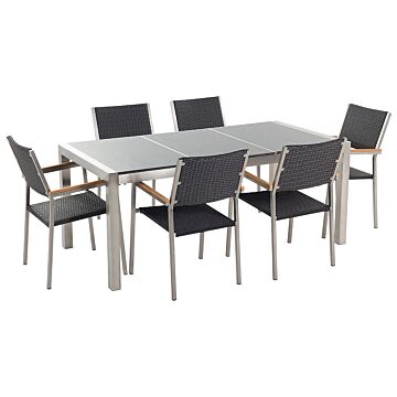 Garden Dining Set Black With Black Granite Table Top Rattan Chairs 6 Seats 180 X 90 Cm Beliani