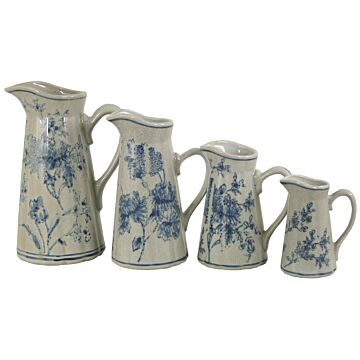 Set Of 4 Ceramic Jugs, Vintage Blue & White Magnolia Design