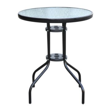 Outsunny Φ60×70h Cm Round Metal Table, Garden Table Tempered Glass-black