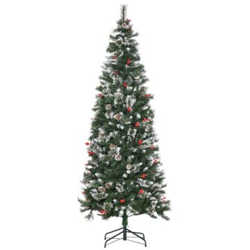 Homcom 7 Foot Snow Dipped Artificial Christmas Tree Slim Pencil Xmas Tree With Realistic Branches, Pine Cones, Red Berries And Auto Open - Green