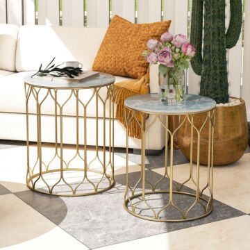 Outsunny Garden Side Table Set Of 2, Nesting Tables With Ceramic Tile Top, Indoor Outdoor Small Garden Tables, Multifunctional End Tables With Metal Frame For Patio, Balcony, Porch, Multicoloured