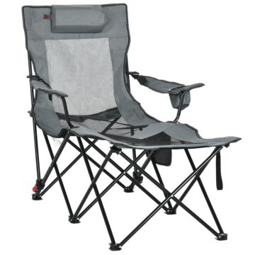 Outsunny Foldable Reclining Garden Chairs With Footrest And Adjustable Backrest, Portable Camping Chair With Headrest, Cup Holder And Carry Bag, Grey