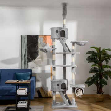 Pawhut Floor To Ceiling Cat Tree For Indoor Cats 240-260cm Adjustable Height Light Grey