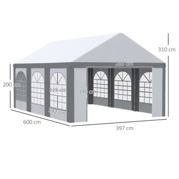 Outsunny 6 X 4m Galvanised Party Tent, Marquee Gazebo With Sides, Six Windows And Double Doors, White And Grey