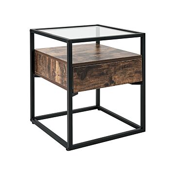 Side Table Dark Wood With Black Glass Top Metal Frame Storage Function Rectangular Modern Design Beliani