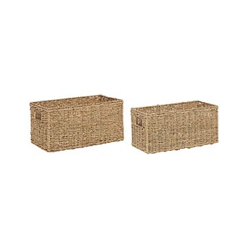 Set Of 2 Baskets Natural Seagrass With Handles Handwoven Home Accessory Decoration Boho Style Beliani