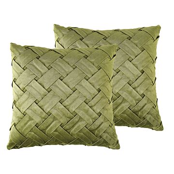 Set Of 2 Cushions Green Velvet 45 X 45 Cm Scatter Throw Pillow Decorative Weave Pattern Beliani
