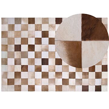 Area Rug Carpet Brown And Beige Leather Chequered 160 X 230 Cm Rustic Country Beliani