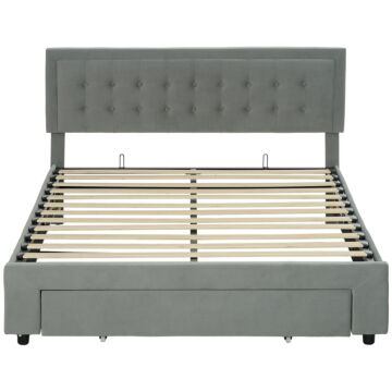 Homcom King Size Ottoman Bed Frame, With Front Drawer - Grey