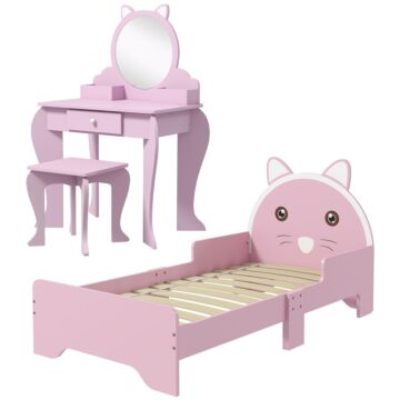 Zonekiz Wooden Kids Bedroom Furniture Set With Kids Dressing Table, Stool, Bed, For 3-6 Years, Cat-design