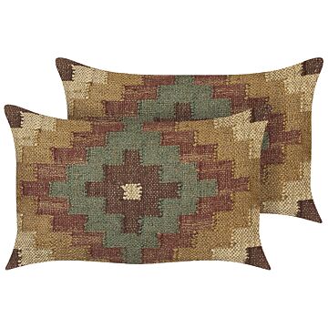 Set Of 2 Scatter Cushions Multicolour Jute And Wool 30 X 50 Cm Oriental Pattern Kilim Style Washed Colurs Beliani
