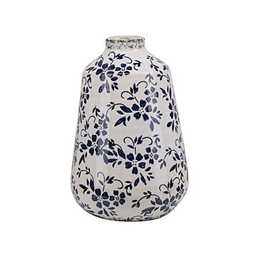 Flower Vase White And Blue Stoneware 25 Cm Distressed Look Indoor Pot Decoration Waterproof Beliani