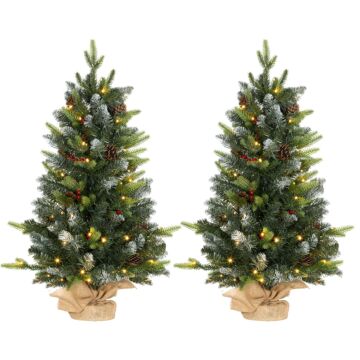 Homcom 2 Pieces 3ft Prelit Artificial Christmas Tree With Led Light And 291 Tips, Concrete Base, Tabletop Xmas Tree With Pine Cones And Red Berries, Green