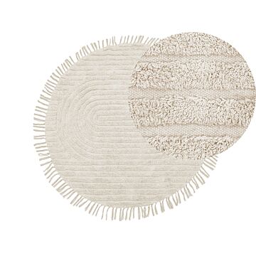 Round Area Rug Beige Cotton ⌀ 140 Cm Tufted With Fringe Pattern Boho Living Room Bedroom Beliani