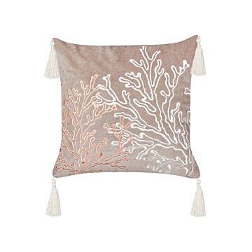 Scatter Cushion Taupe Velvet 45 X 45 Cm Marine Coral Motif Square Polyester Filling Home Accessories Beliani