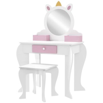 Zonekiz Unicorn-design Kids Dressing Table, With Mirror And Stool - White