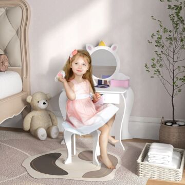 Zonekiz Unicorn-design Kids Dressing Table, With Mirror And Stool - White