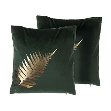 Set Of 2 Decorative Cushions Green Velvet Leaf Pattern 45 X 45 Cm Gold Foil Print Decor Accessories Beliani